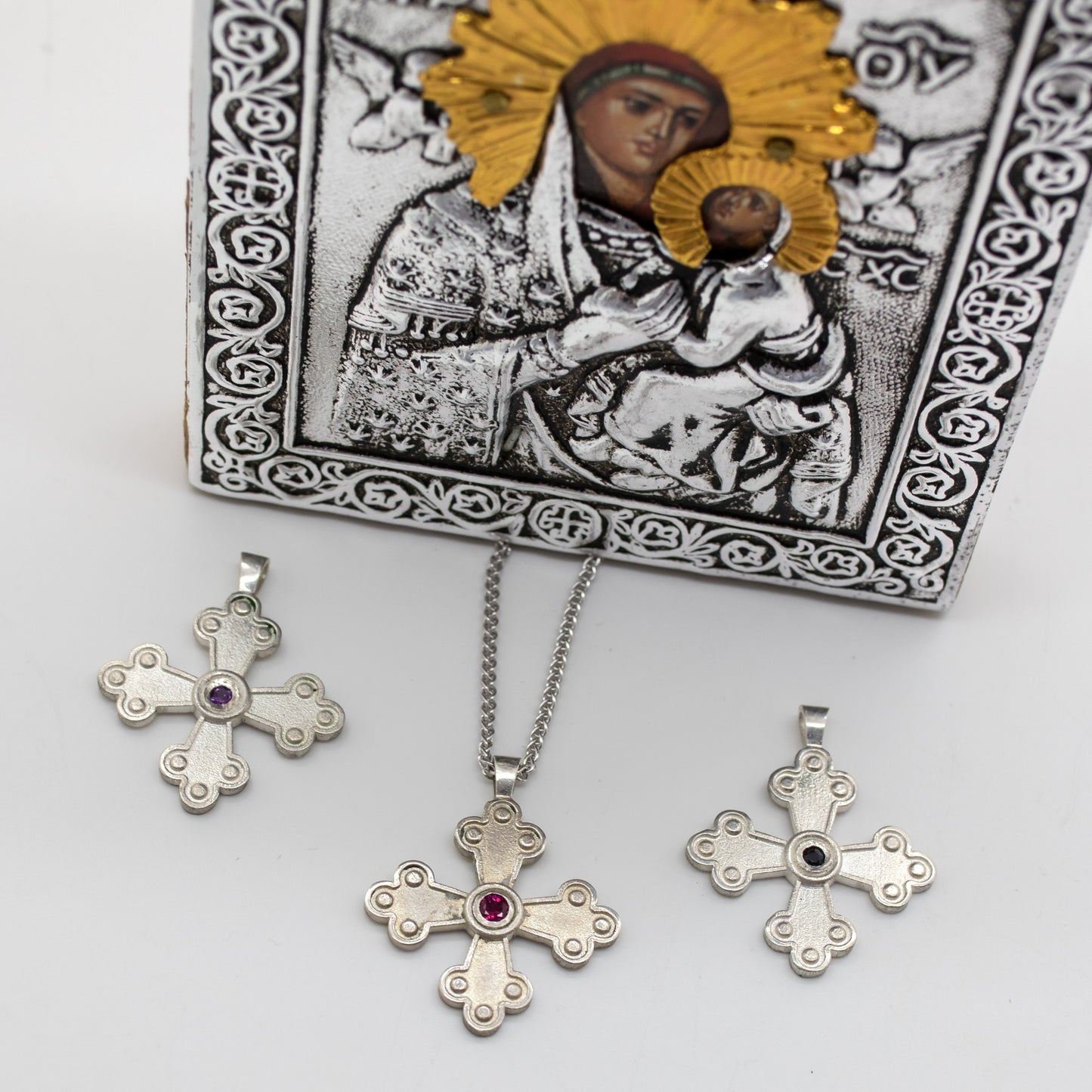 Amalia-Elisabet Byzantine Orthodox Cross - Sterling Silver with Gemstone