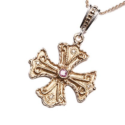 Athenian Byzantine Orthodox Cross – 14KT Gold with Pink Sapphire & Diamonds