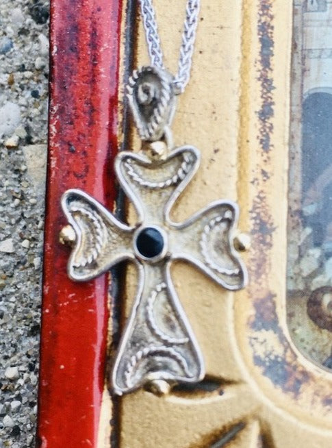 Melissani  Byzantine Orthodox Cross, Sterling Silver with 14kt Beads and Sapphire