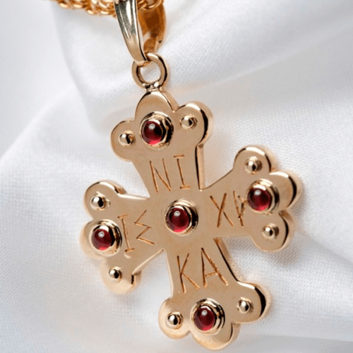 Apollo Byzantine Orthodox Cross - 18kt Rose Gold with Garnet Cabochons