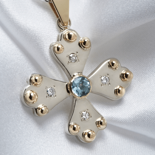 Polychronis Byzantine Orthodox Cross - Two Tone Sterling Silver and 14kt with Aquamarine & Diamonds