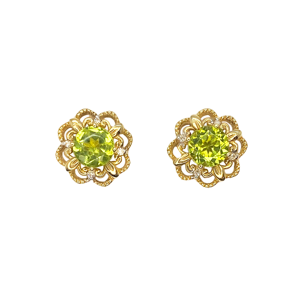 Peridot & Diamond 'Flower' Earrings, 14 Karat
