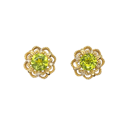 Peridot & Diamond 'Flower' Earrings, 14 Karat