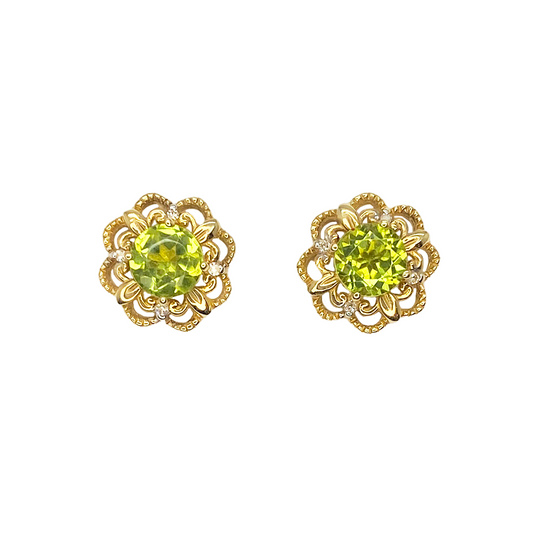 Peridot & Diamond 'Flower' Earrings, 14 Karat