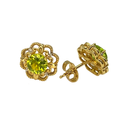 Peridot & Diamond 'Flower' Earrings, 14 Karat