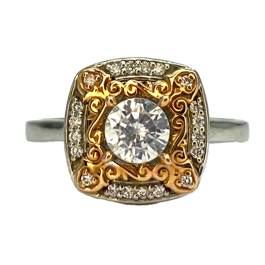 Vintage Look Two Tone Halo Engagement Ring Mounting - 14kt White Gold & Rose Gold