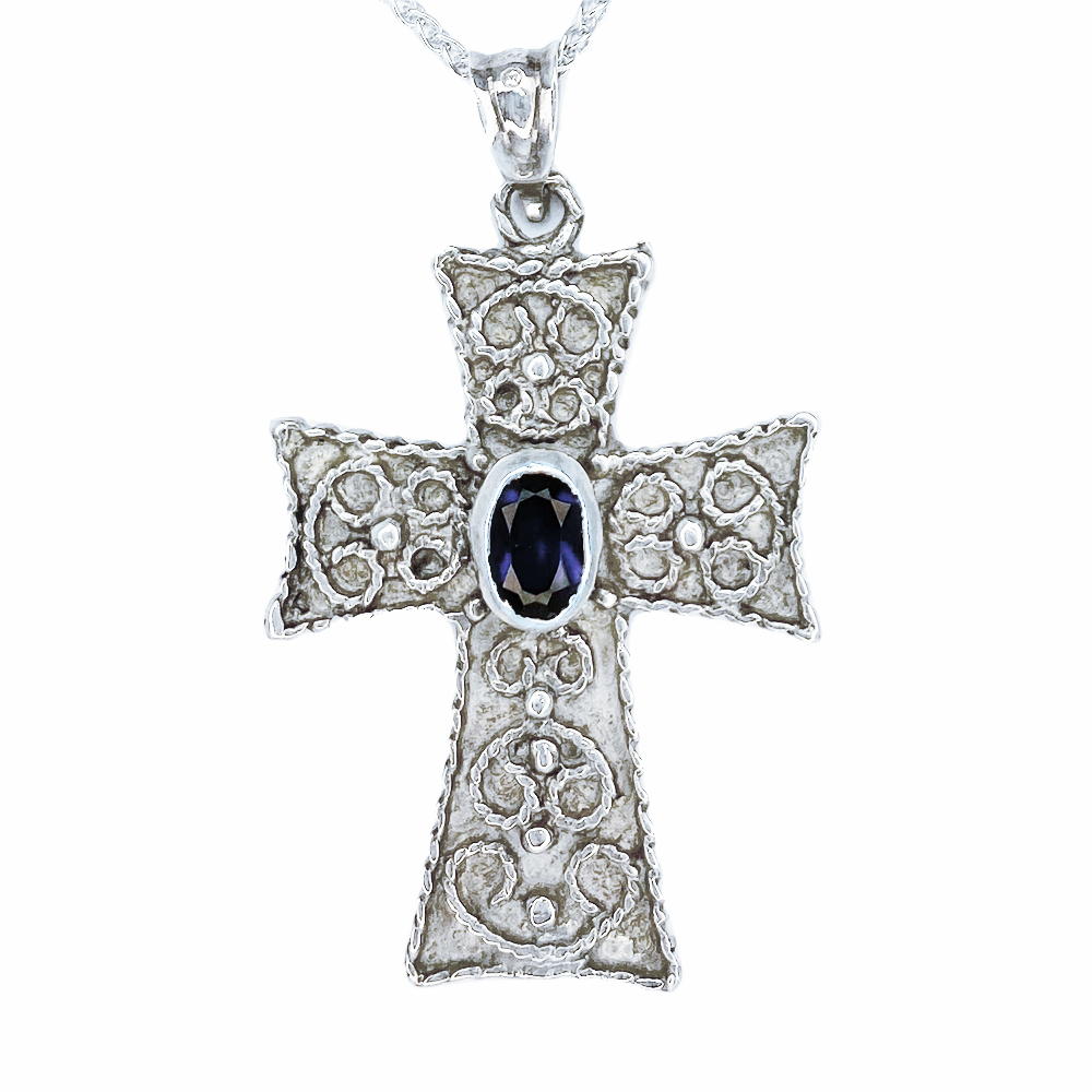 Paros Sterling Silver Byzantine Cross with Oval Sapphire