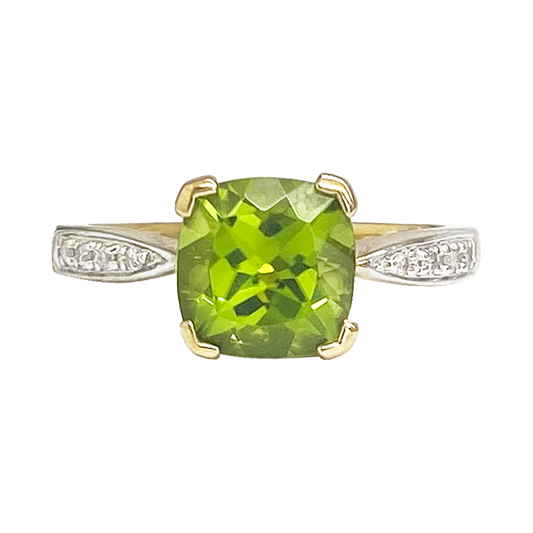 Cushion Cut Peridot & Diamond 14kt Ring