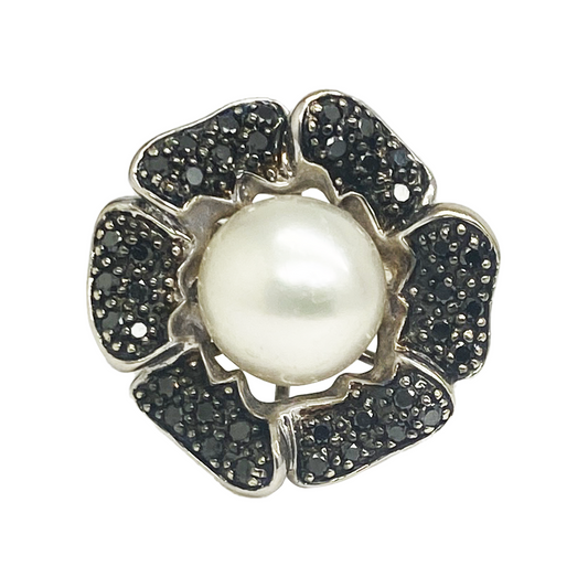 Pearl & Black Diamond Flower Ring