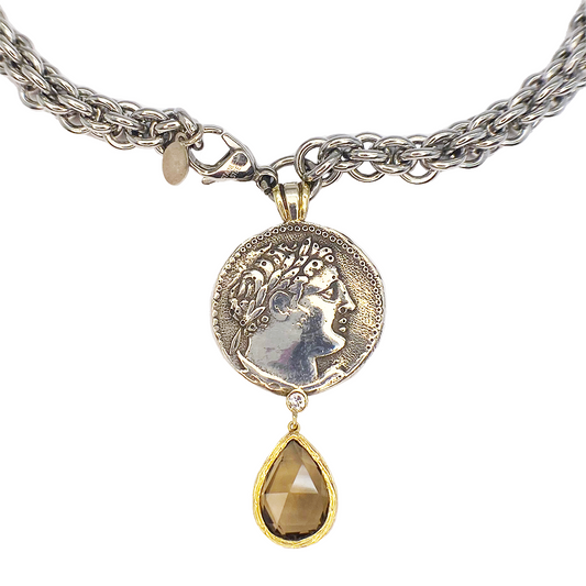 Handcrafted Alexander Coin Pendant - Sterling Silver , 14kt Gold & Stainless Steel with Citrine