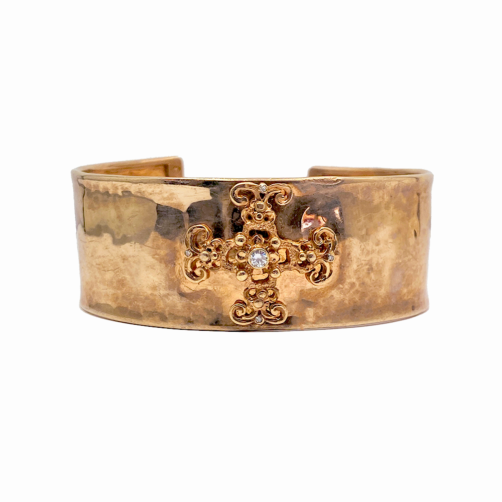 Filigree Byzantine Orthodox Cross Cuff Bracelet - 14kt Gold Cross with Diamond on 24kt Gold Vermeil Bracelet