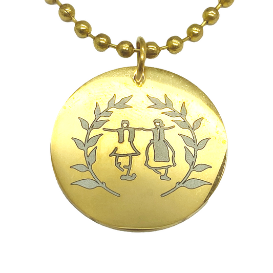 Round Pendant Engraved w/ Greek Dancers and Olive Branches - Gold Tone