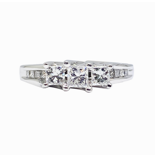 Three Princess Cut Diamonds Engagement or Anniversary Ring - 14kt White Gold