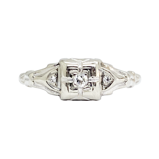 Vintage Three Diamond Engagement Ring - 18kt White Gold, Circa 1930's-40's