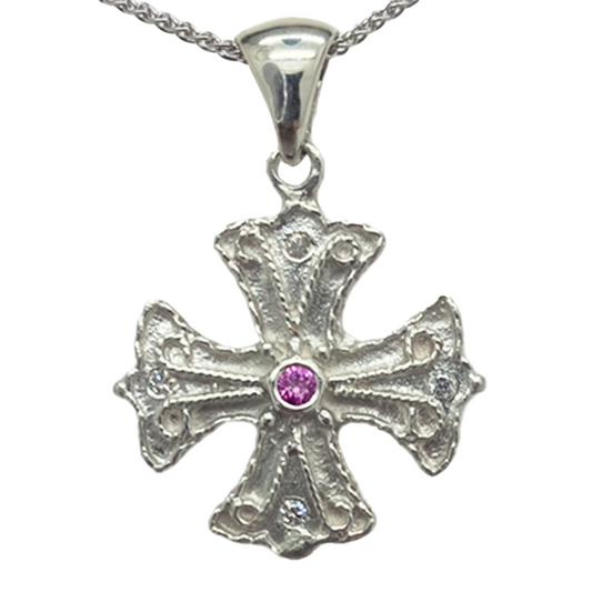 Athenian Byzantine Orthodox Cross - Sterling Silver with Pink Sapphire and Diamonds