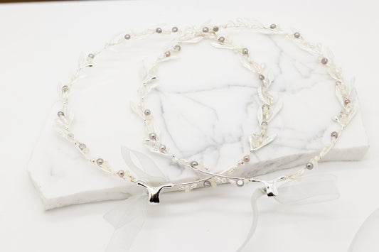 Olympic Style Wedding Crown Stefana Set with Pearls - Silver Tone