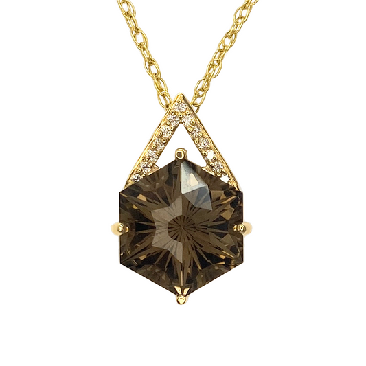 Hexagonal Cut Smoky Quartz & Diamond Pendant