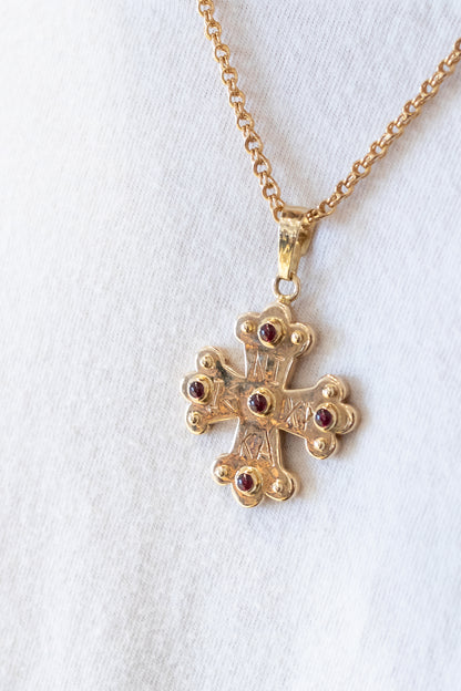 Apollo Byzantine Orthodox Cross - 18kt Rose Gold with Garnet Cabochons