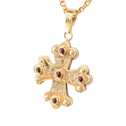 Apollo Byzantine Orthodox Cross - 18kt Rose Gold with Garnet Cabochons