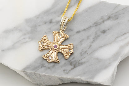 Athenian Byzantine Orthodox Cross – 14KT Gold with Pink Sapphire & Diamonds