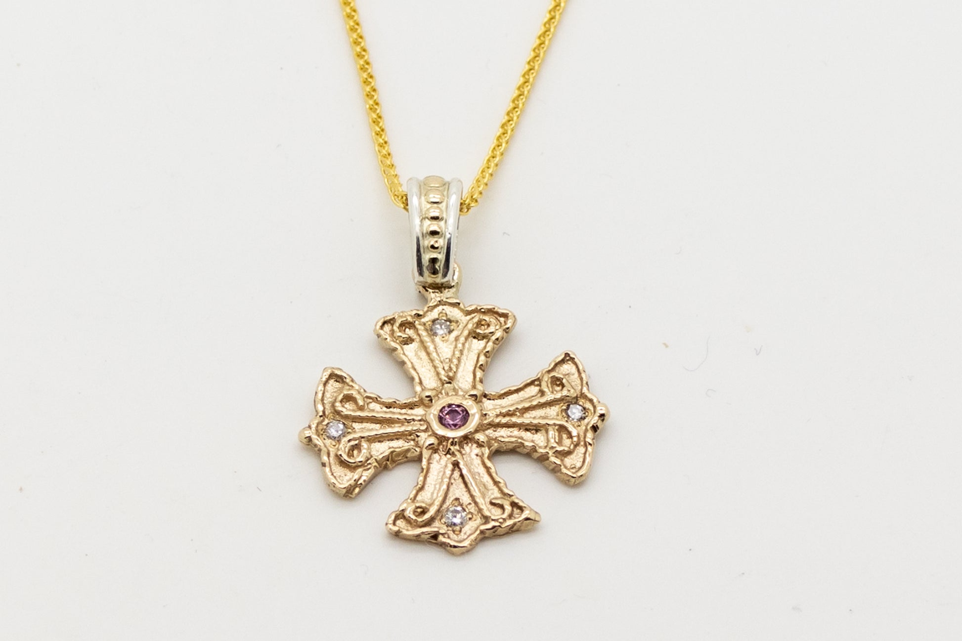 Athenian Byzantine Orthodox Cross – 14KT Gold with Pink Sapphire & Diamonds