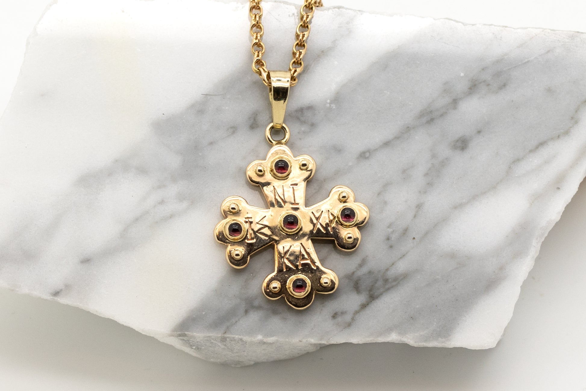 Apollo Byzantine Orthodox Cross - 18kt Rose Gold with Garnet Cabochons