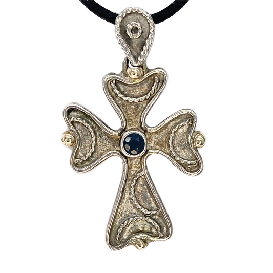 Melissani  Byzantine Orthodox Cross, Sterling Silver with 14kt Beads and Sapphire