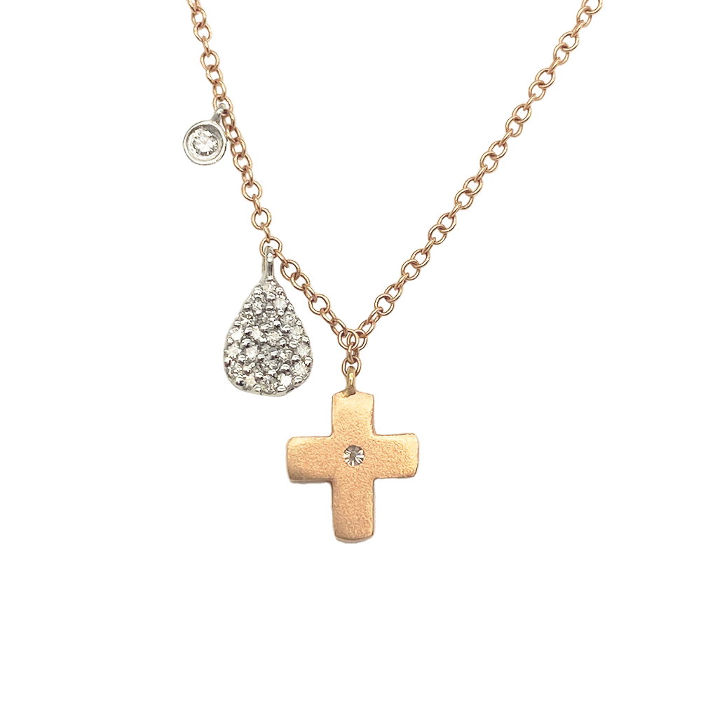 Rose Gold Cross with Center Diamond and Two Diamond Charms