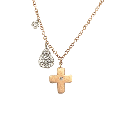 Rose Gold Cross with Center Diamond and Two Diamond Charms