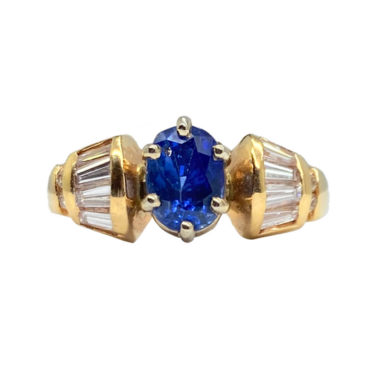 Beautiful Blue Sapphire and Tapered Diamond Baguette Ring