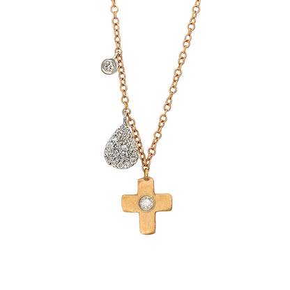 Rose Gold Cross with Center Diamond and Two Diamond Charms