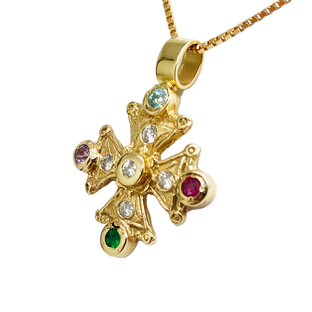 Mary's Byzantine Orthodox Cross - 14kt Yellow Gold  with Family Birthstones & Diamonds