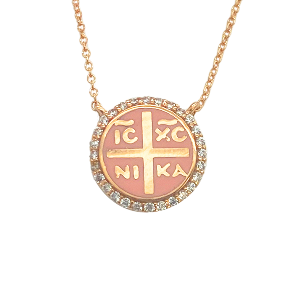 Jesus Christ Victorious' Pink Enamel Necklace