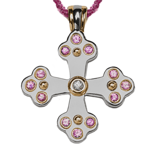 Sophia Byzantine Orthodox Cross  - Two Tone with Pink Sapphires