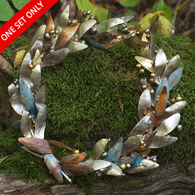 Olive Leaf Patina Wedding Crown Stefana Set - Fine Silver, Gold & Copper