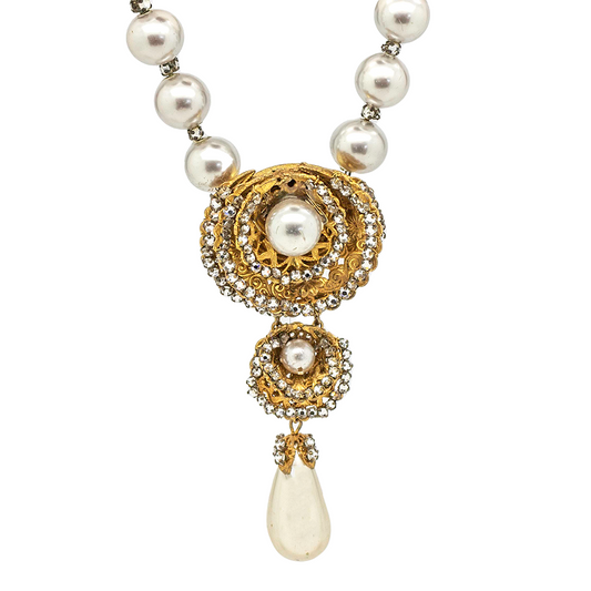 Miriam Haskell Vintage Necklace with Rhinestones & Faux Pearls