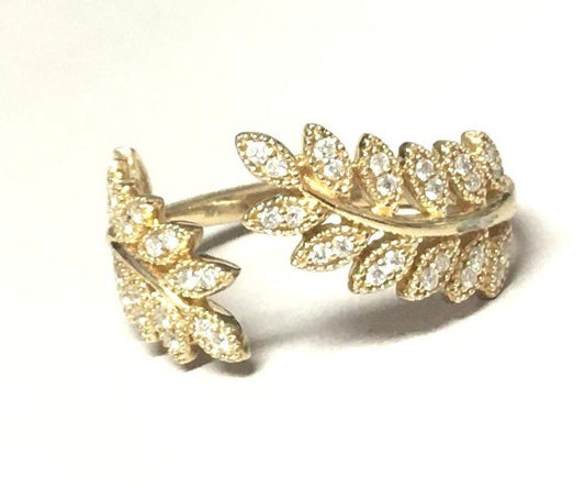 Olive Leaf Design Diamond Wrap Ring - 14kt Gold