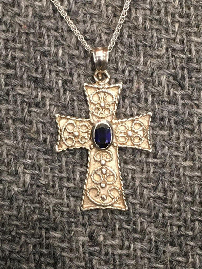 Paros Sterling Silver Byzantine Cross with Oval Sapphire